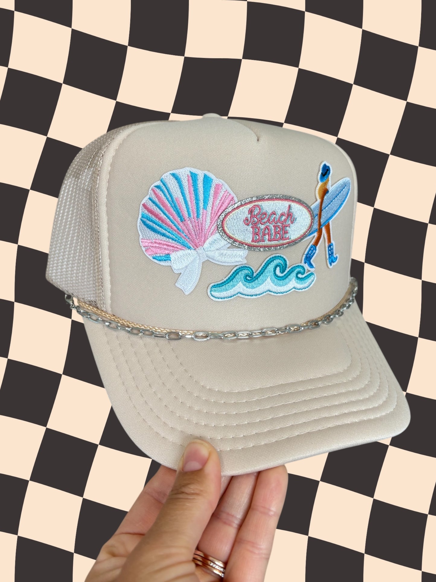 Beach Babe Beige Patched Trucker Hat with removable chain