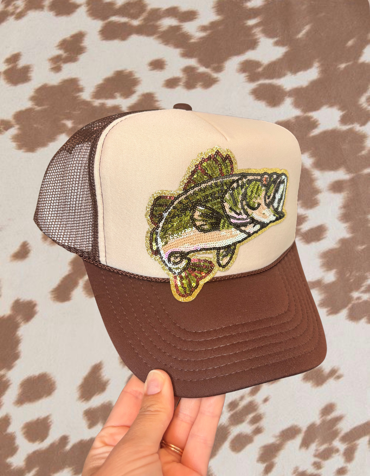 Sequin Bass Trucker Hat | Fishing Hat | Sparkly Fish Hat | Lake Day Hat | Brown Trucker Hat | Bass Fishing Gift
