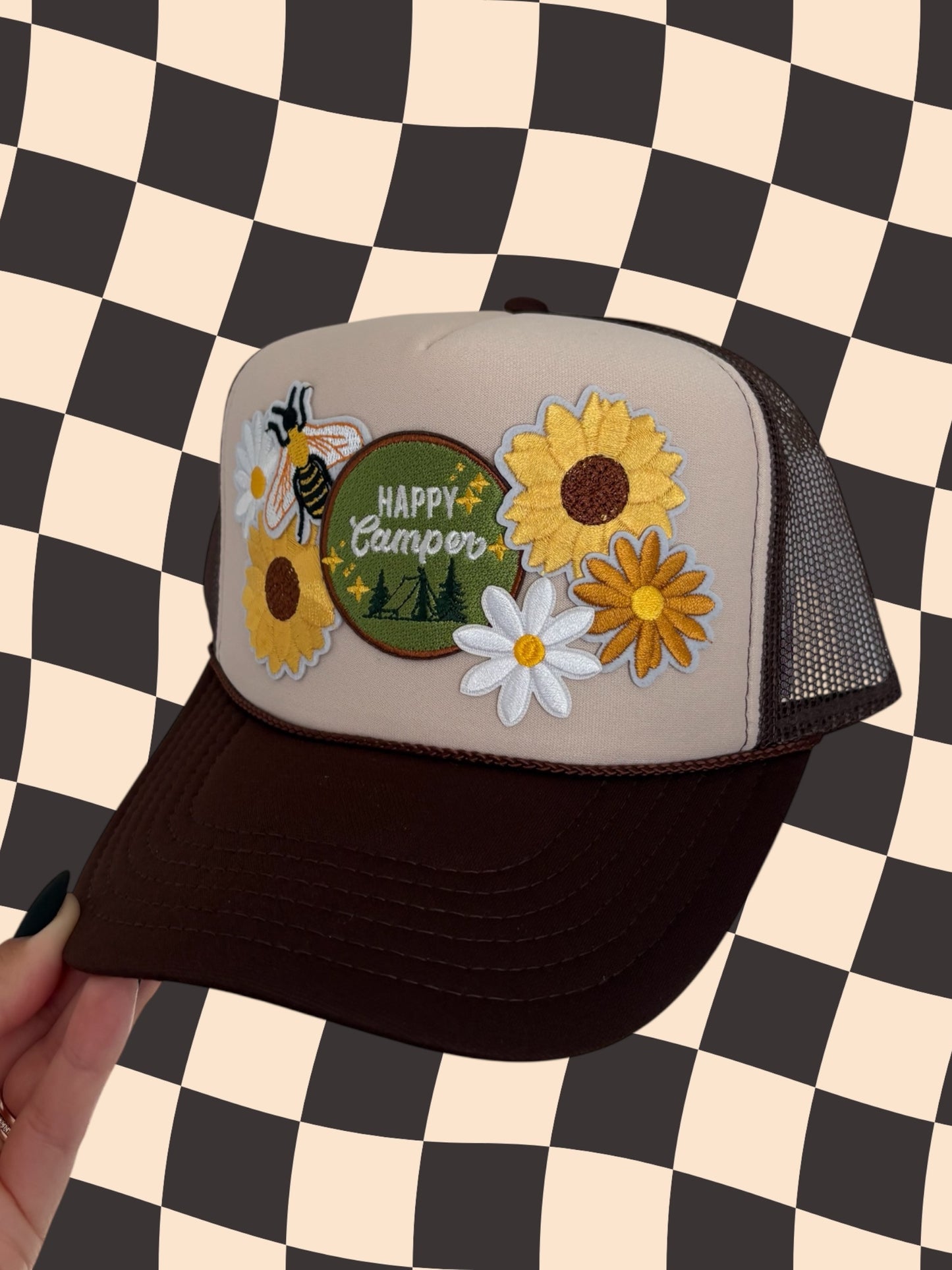 Happy Camper Sunflower Patched Trucker Hat