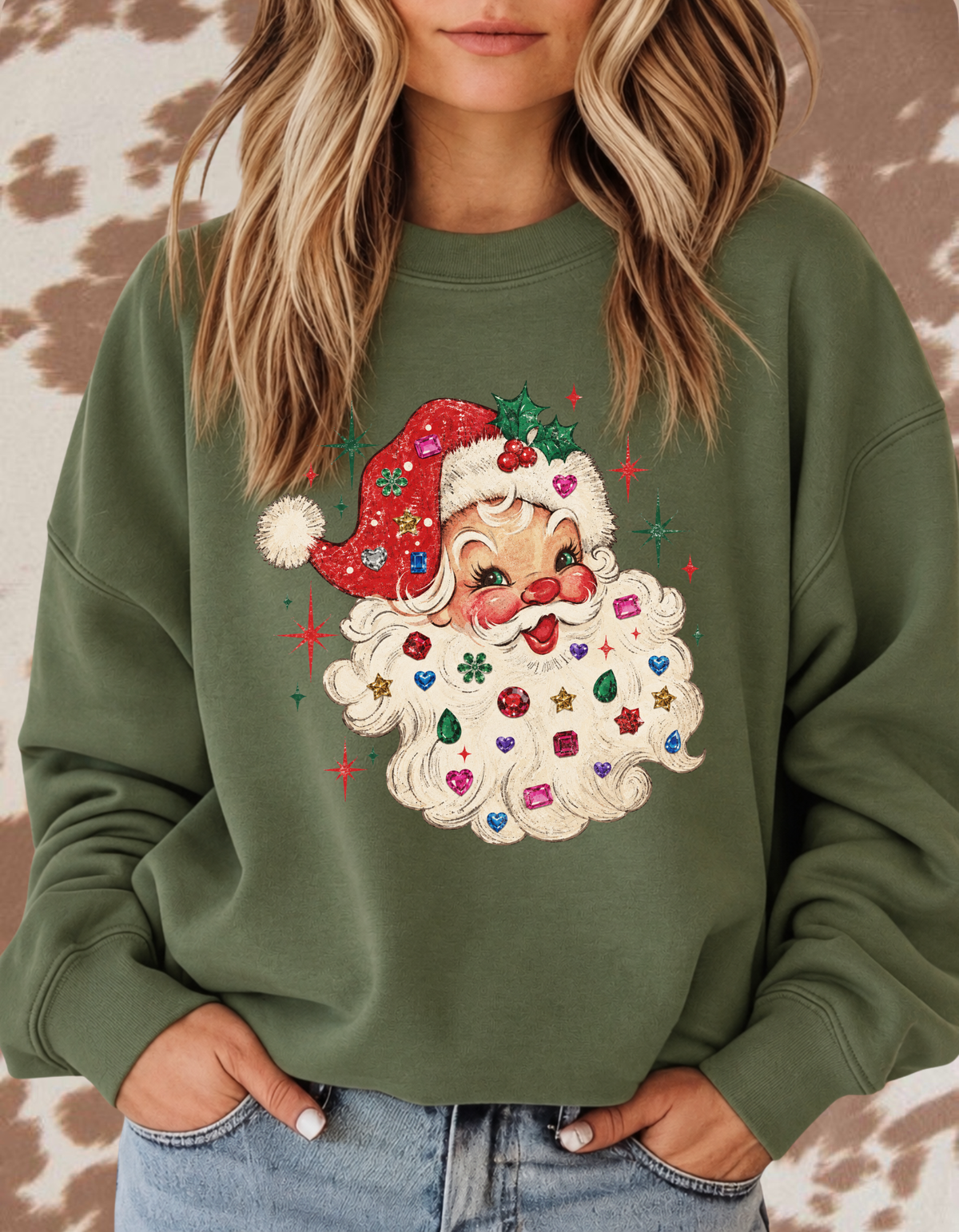 Vintage Jeweled Santa Christmas Crewneck | Retro Holiday Sweatshirt