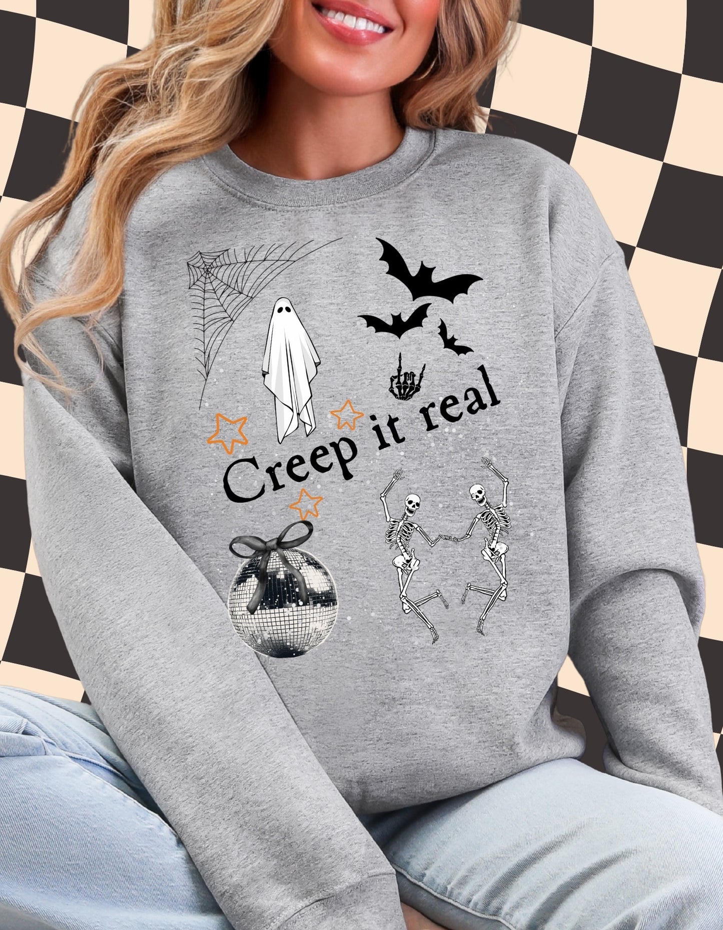Creep It Real Halloween Sweatshirt – Funny Fall Graphic Crewneck with Ghosts, Skeletons & Bats