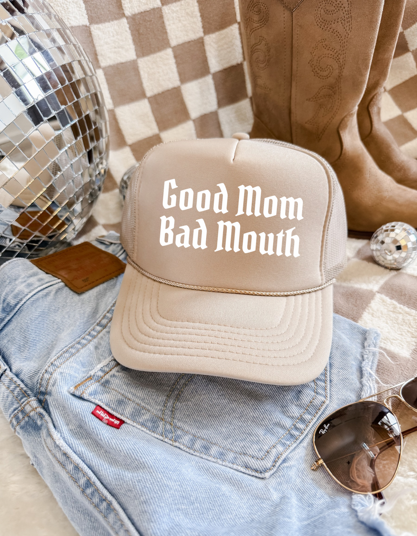 Good Mom Bad Mouth Trucker Hat – Funny Mom Hat, Bold Graphic Cap
