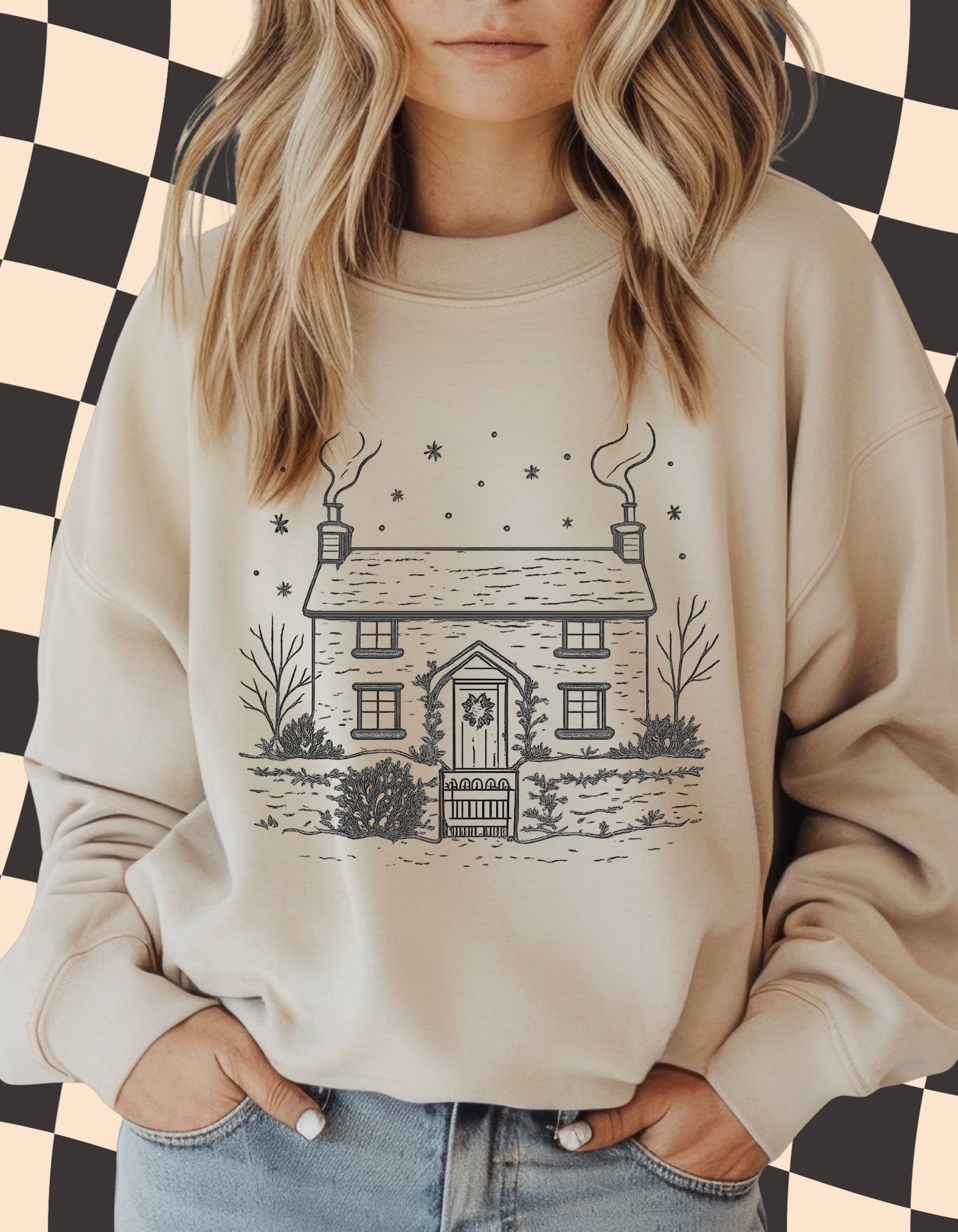 Cozy Winter Cottage Sketch Sweatshirt – Neutral Aesthetic Christmas Crewneck