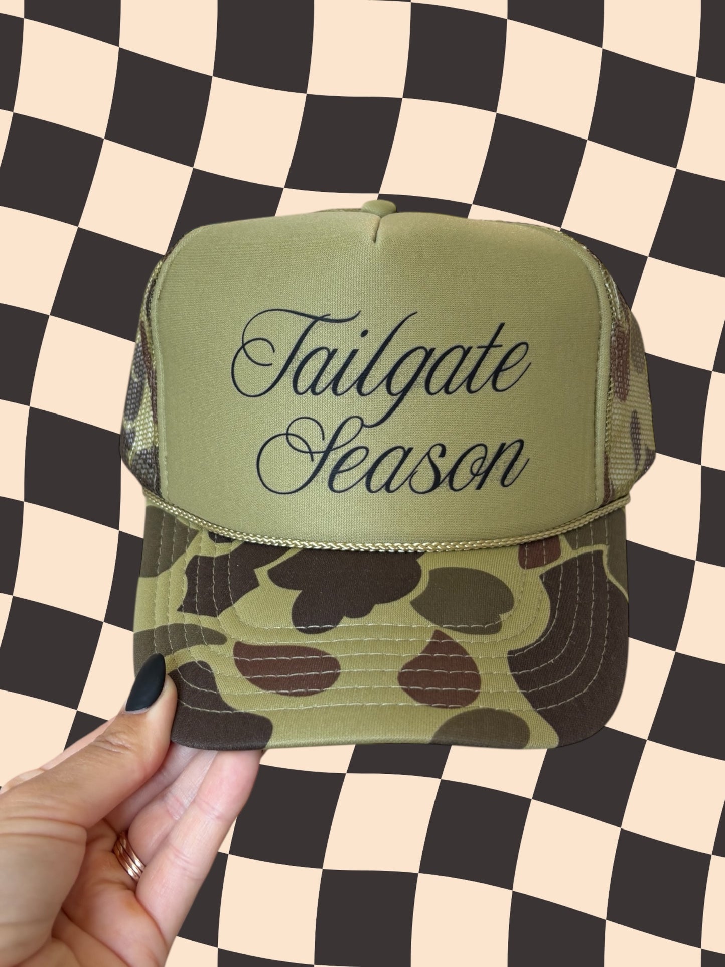 Tailgate Season Trucker Hat – Blaze Orange Camo Mesh Cap