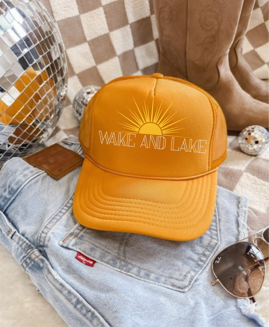 Wake and Lake Trucker Hat – Retro Lake Day Mesh Hat for Summer Adventures