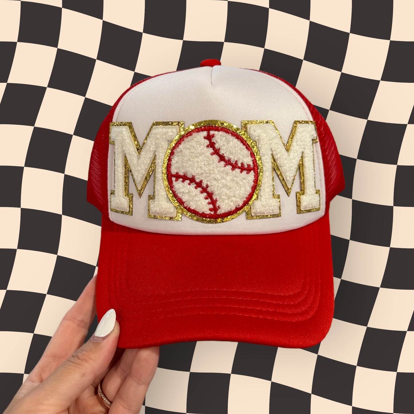 Baseball mom hat with patches