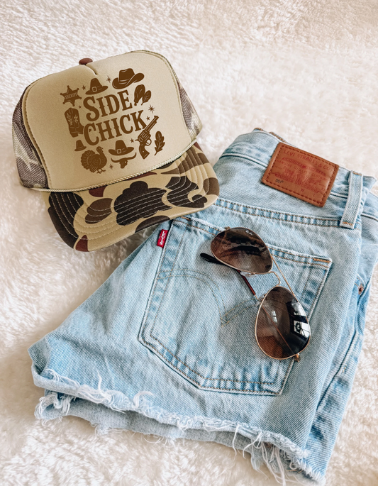 “Side Chick” Western Trucker Hat | Funny Thanksgiving Cowgirl Cap | Fall Turkey Hat | Country Western Trucker | Camo Mesh Hat