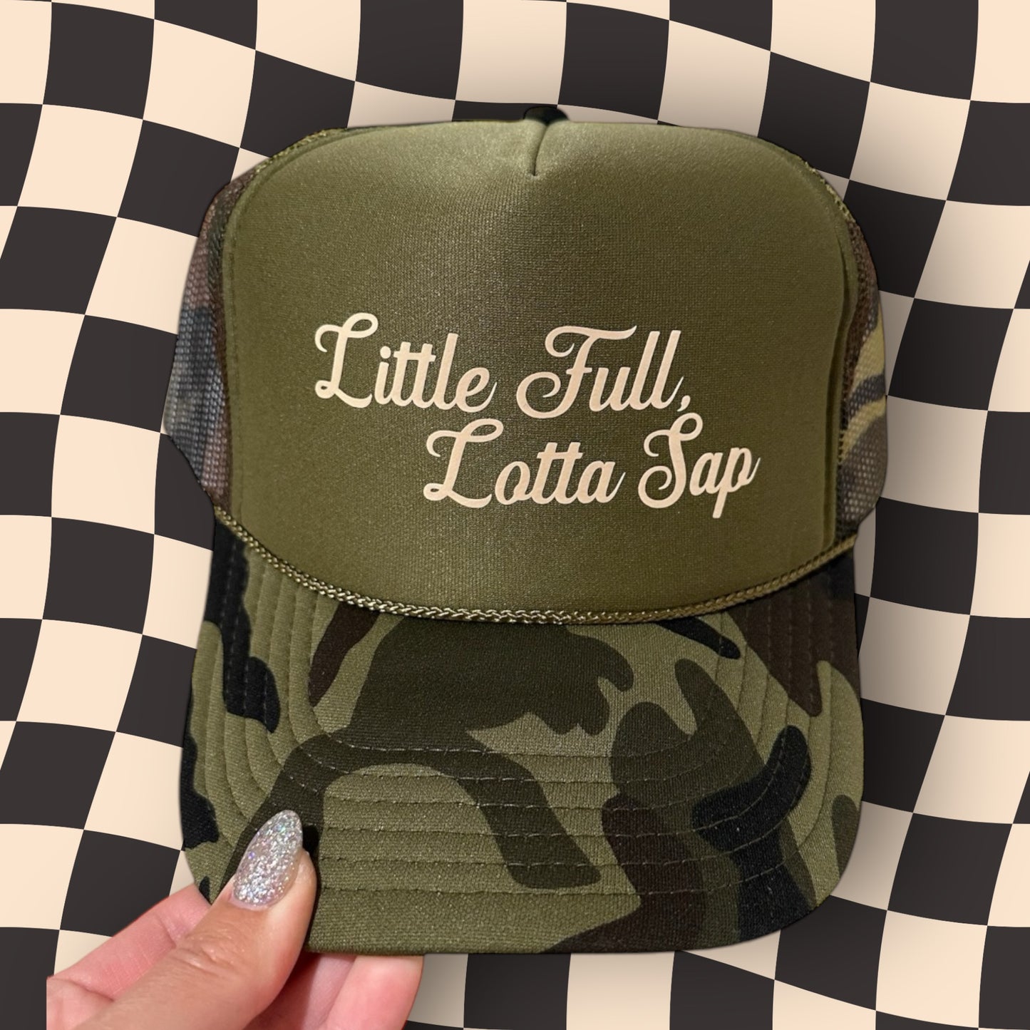 Little Full, Lotta Sap Camo Trucker Hat – Funny Christmas Vacation Hat