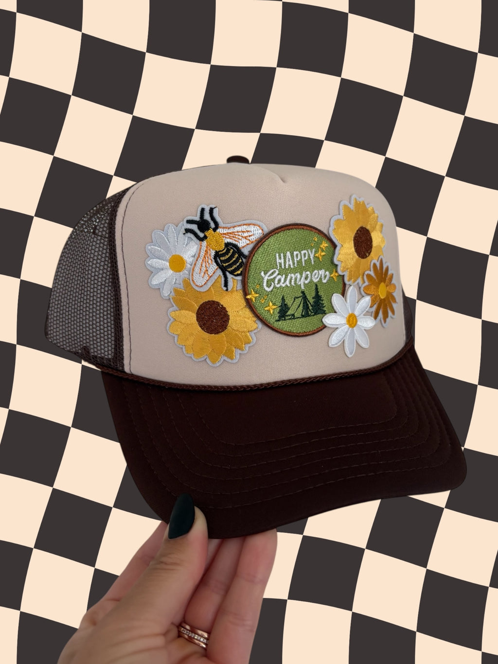 Happy Camper Sunflower Patched Trucker Hat