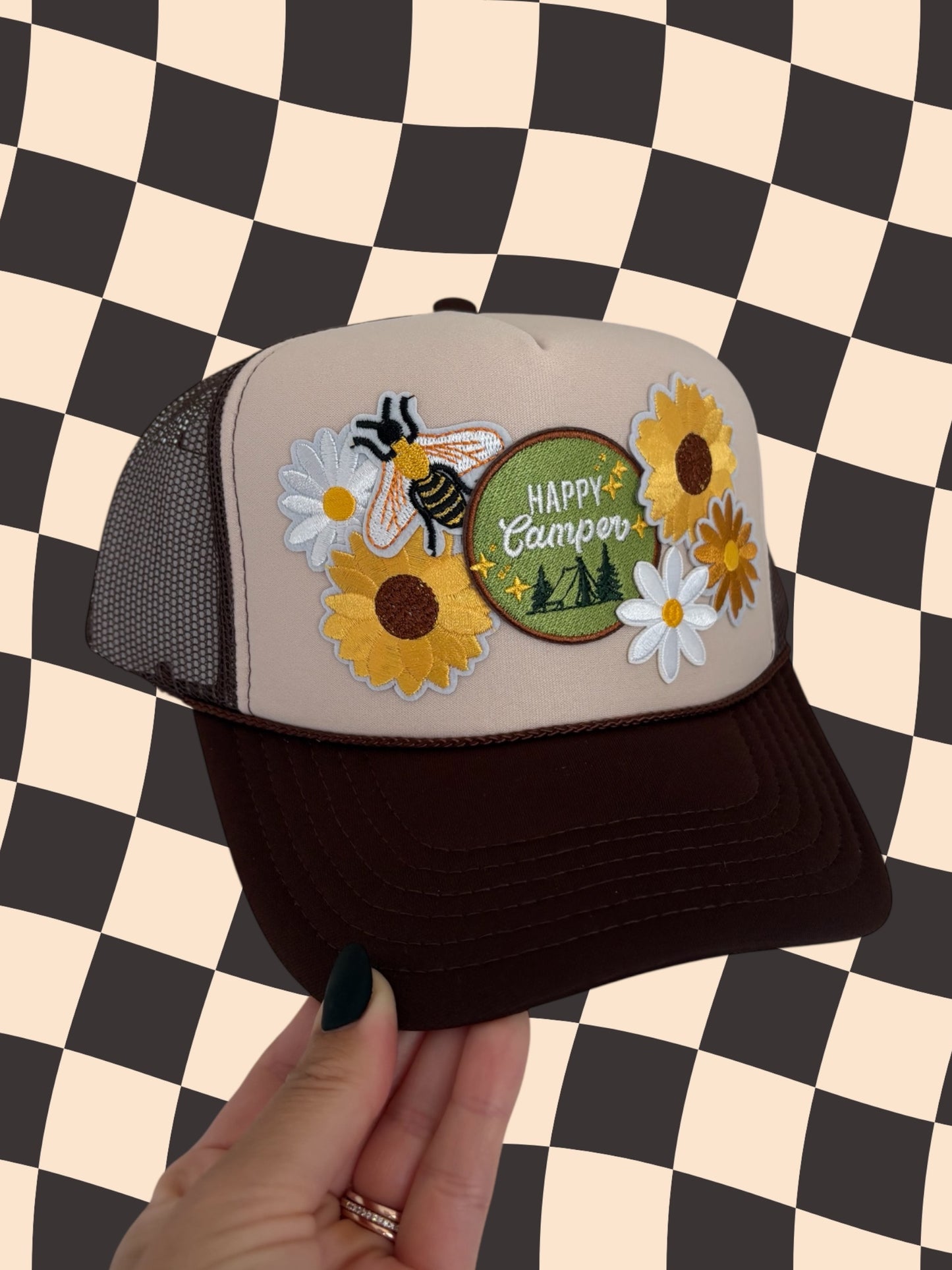 Happy Camper Sunflower Patched Trucker Hat