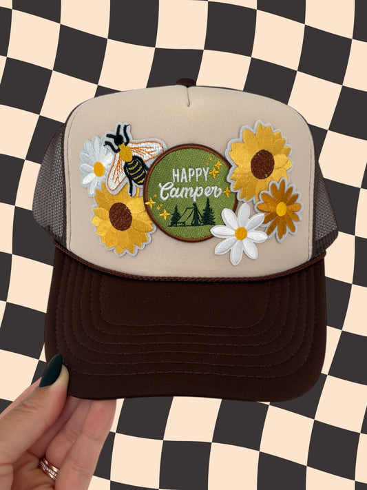 Happy Camper Sunflower Patched Trucker Hat