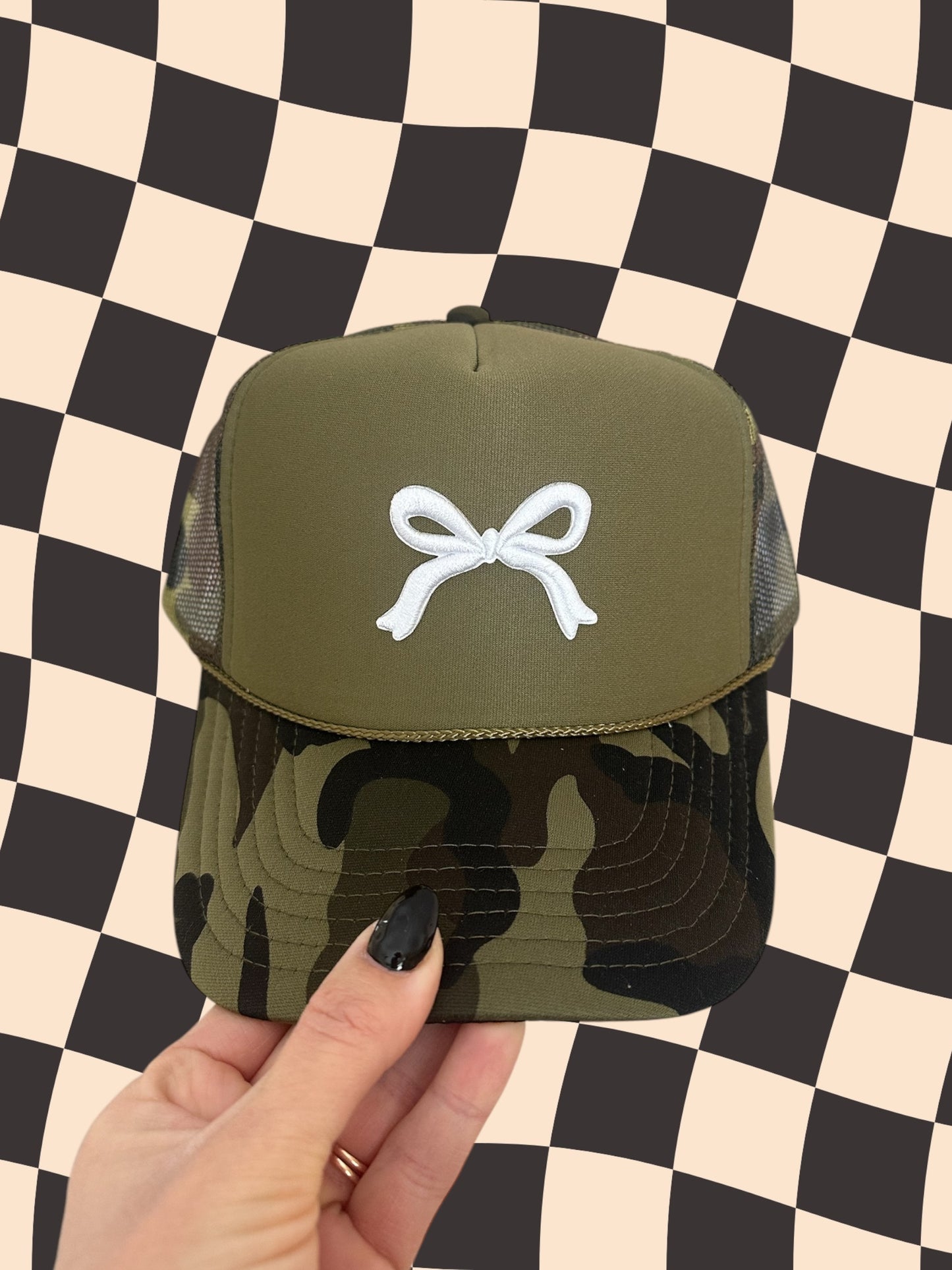 Camo with white bow trucker hat. Womens trucker hat. coquette hat. trending hats