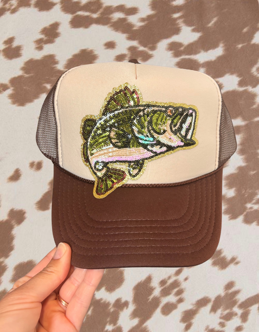 Sequin Bass Trucker Hat | Fishing Hat | Sparkly Fish Hat | Lake Day Hat | Brown Trucker Hat | Bass Fishing Gift