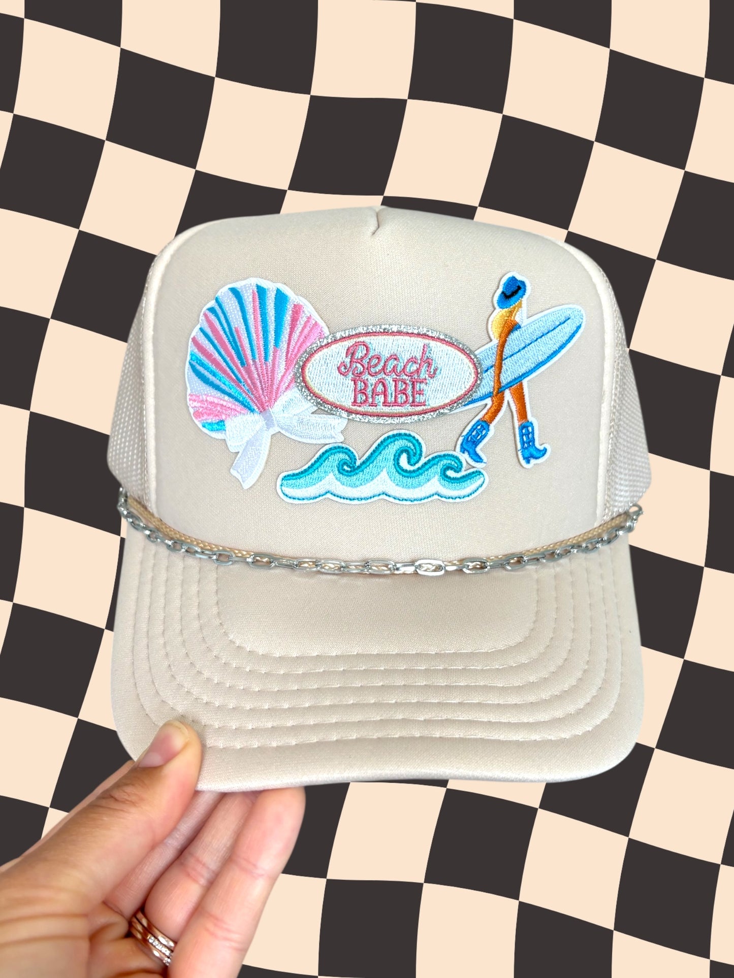 Beach Babe Beige Patched Trucker Hat with removable chain