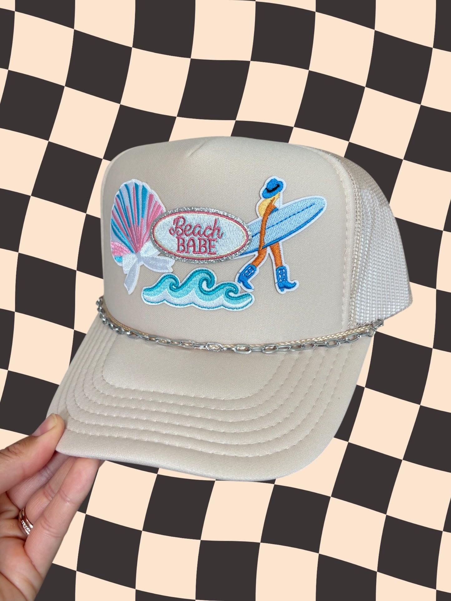 Beach Babe Beige Patched Trucker Hat with removable chain