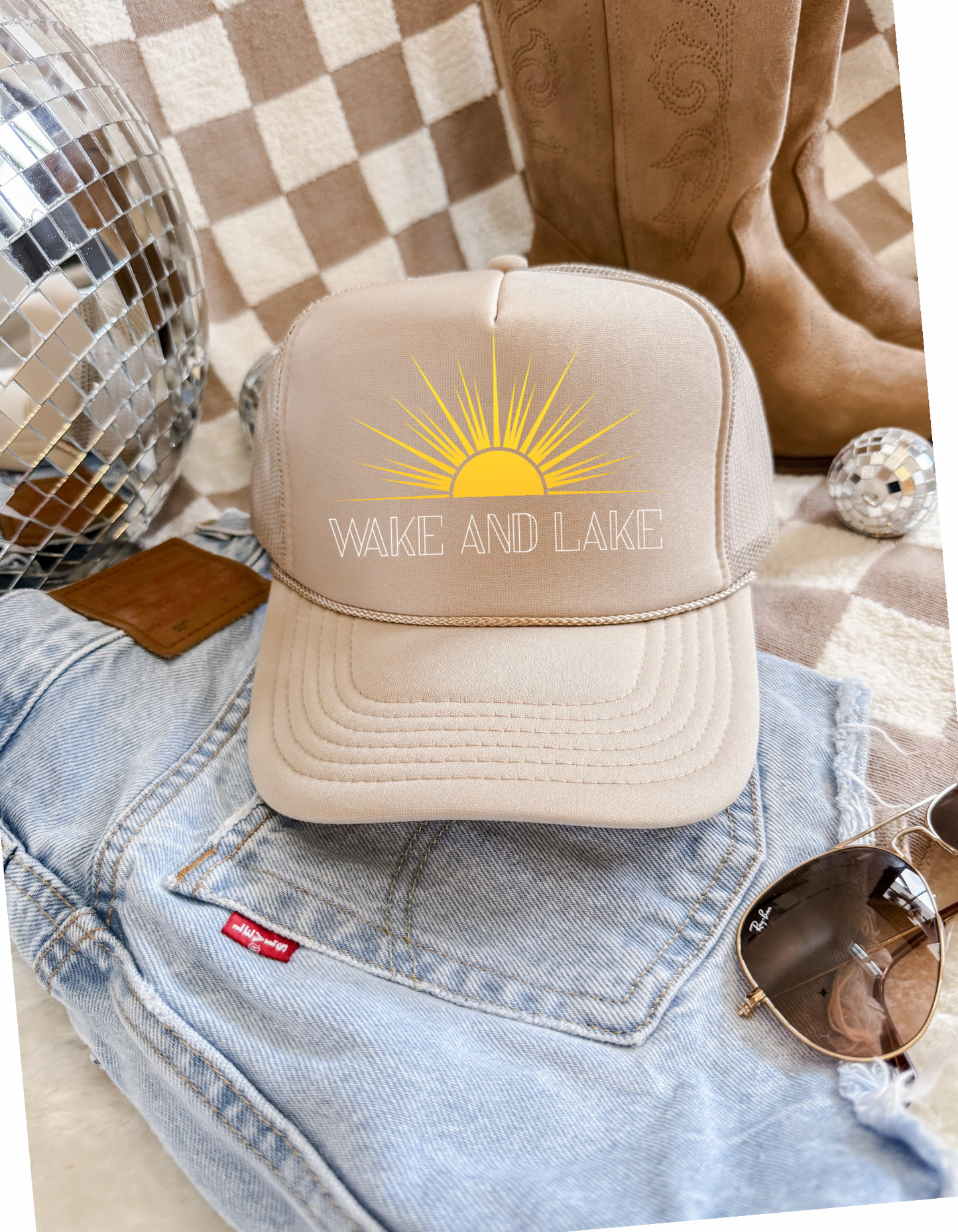 Wake and Lake Trucker Hat – Retro Lake Day Mesh Hat for Summer Adventures