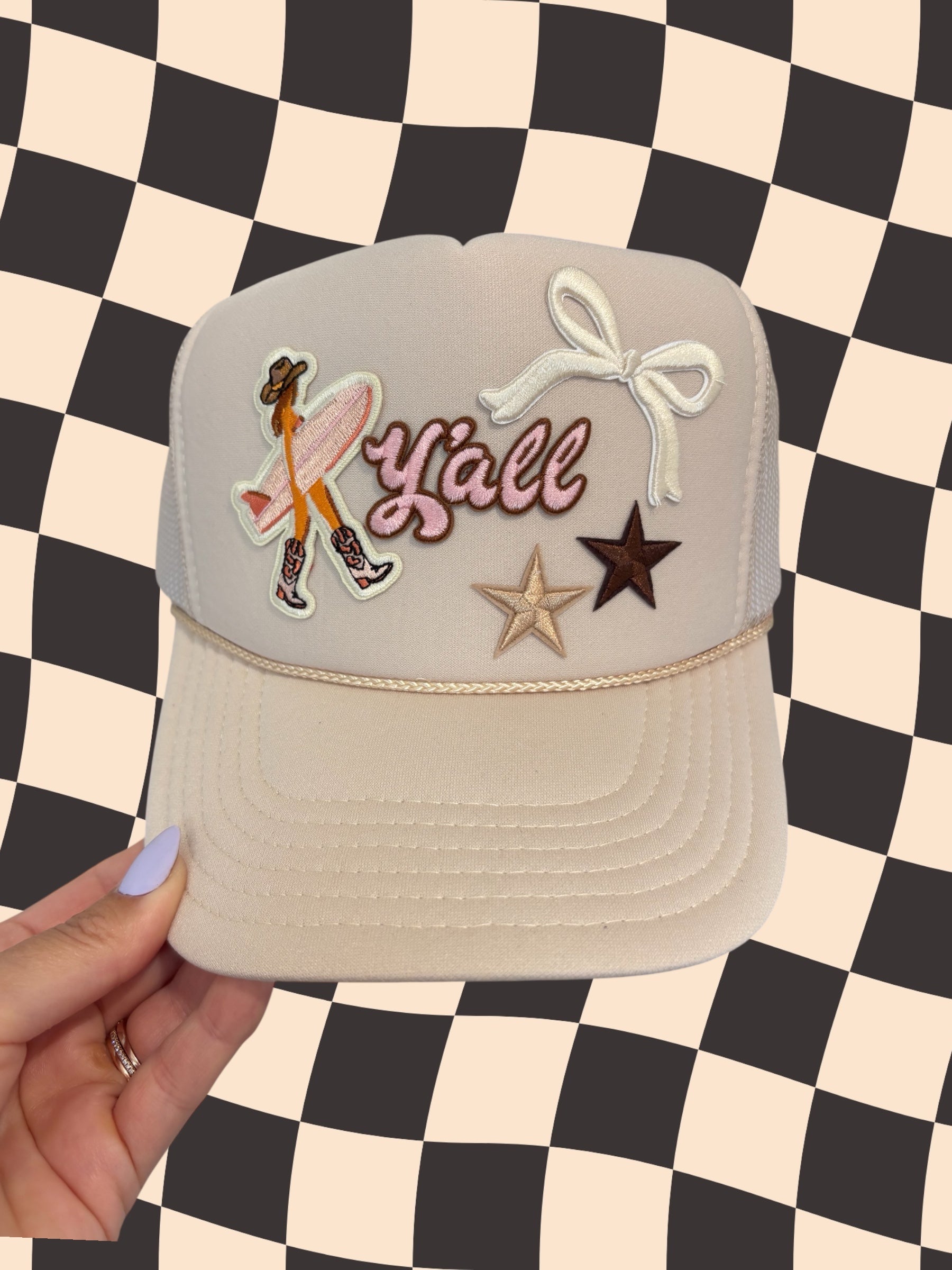 Beige coastal cowgirl trucker hat