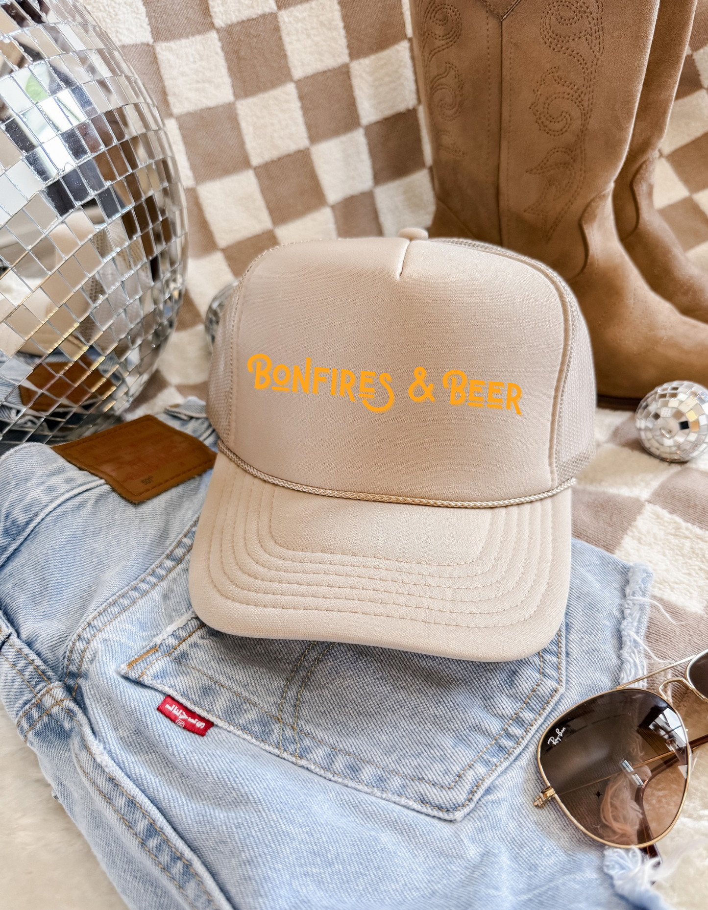 Bonfires & Beer Trucker Hat – Vintage Distressed Style, Custom Boutique Cap