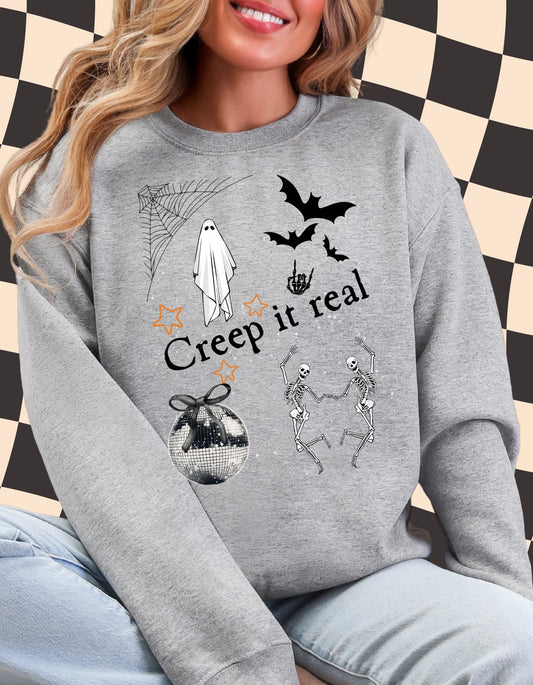 Creep It Real Halloween Sweatshirt – Funny Fall Graphic Crewneck with Ghosts, Skeletons & Bats