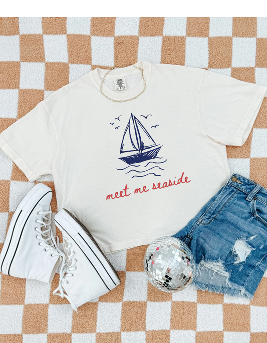Meet Me Seaside Sailboat Graphic Tee – Coastal Summer Shirt
