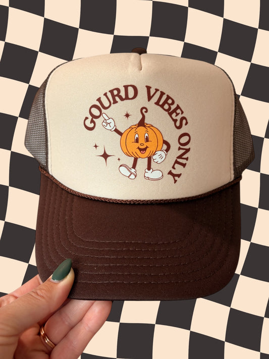 Gourd Vibes Only Trucker Hat – Retro Pumpkin Fall Hat, Autumn Aesthetic Baseball Cap