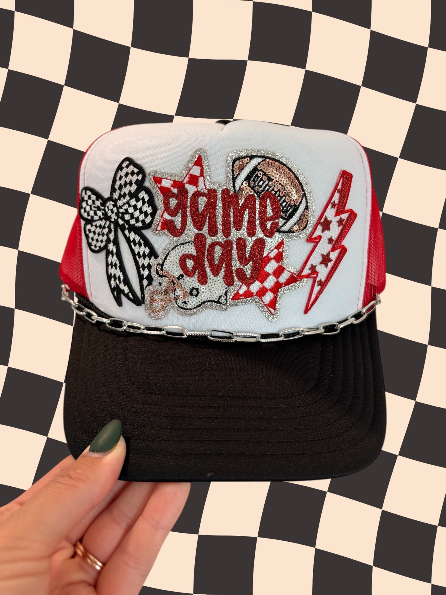 Custom Game Day Trucker Hat – Sparkly Football Fan Foam Finger Cap with Star Trim