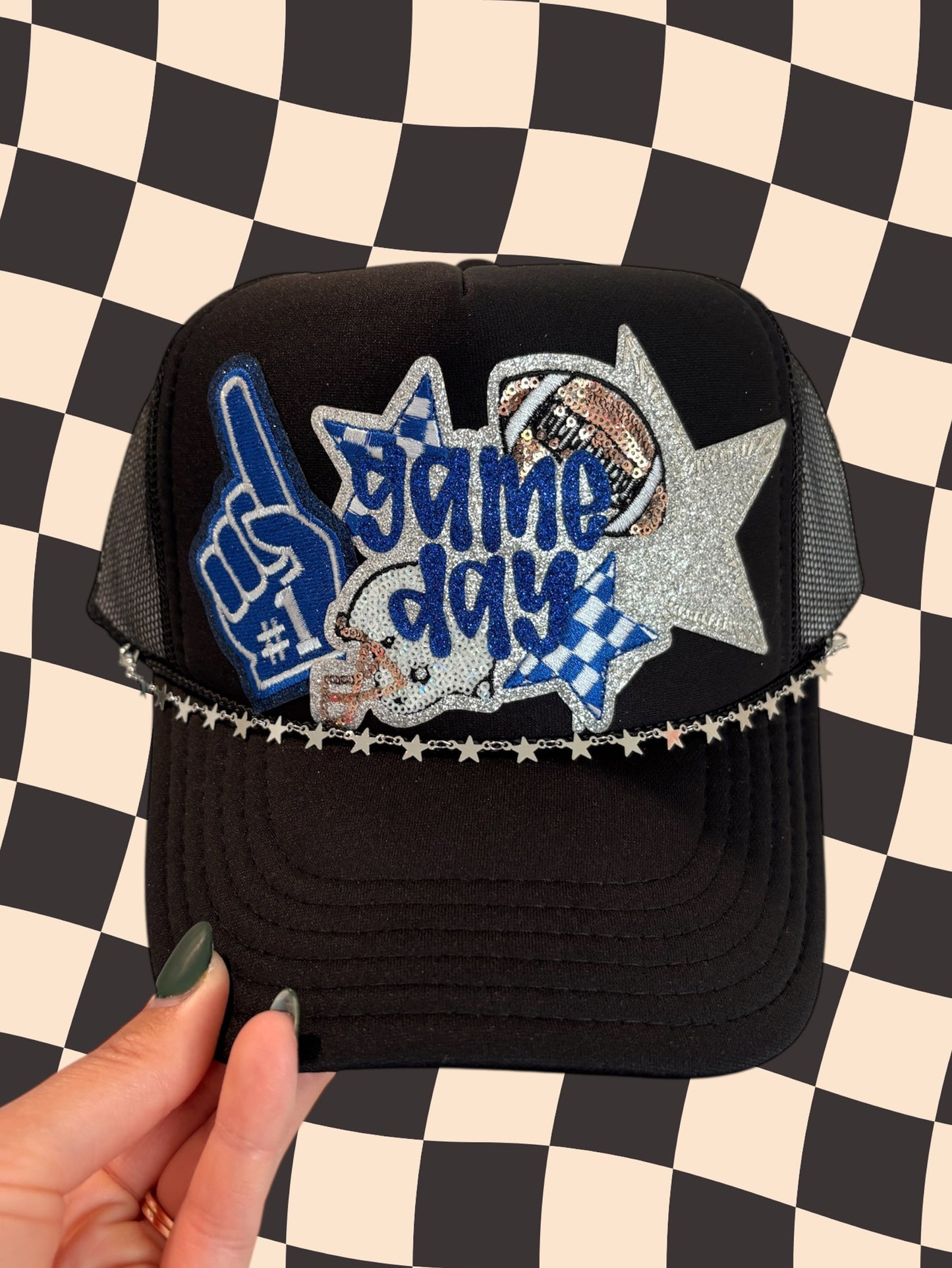Custom Game Day Trucker Hat – Sparkly Football Fan Foam Finger Cap with Star Trim