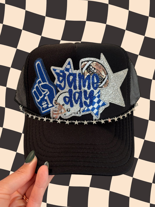 Custom Game Day Trucker Hat – Sparkly Football Fan Foam Finger Cap with Star Trim