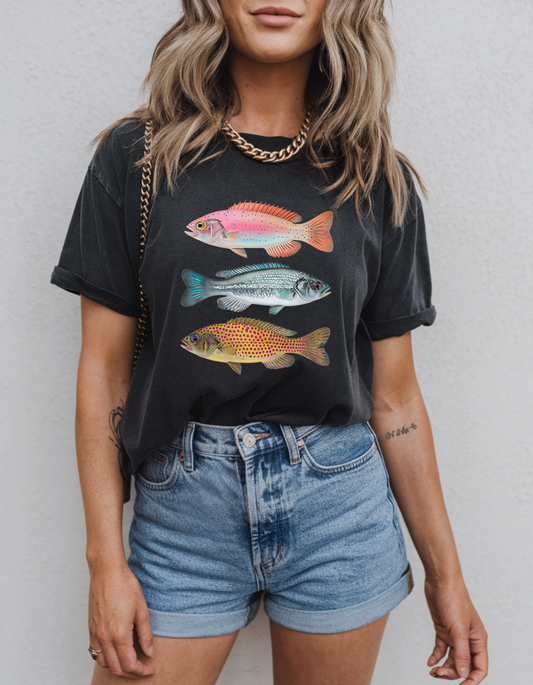 Colorful Fish Graphic Tee | Coastal Fishing Shirt | Vintage Style Fish Shirt | Lake Life Tee | Outdoors Graphic T-Shirt