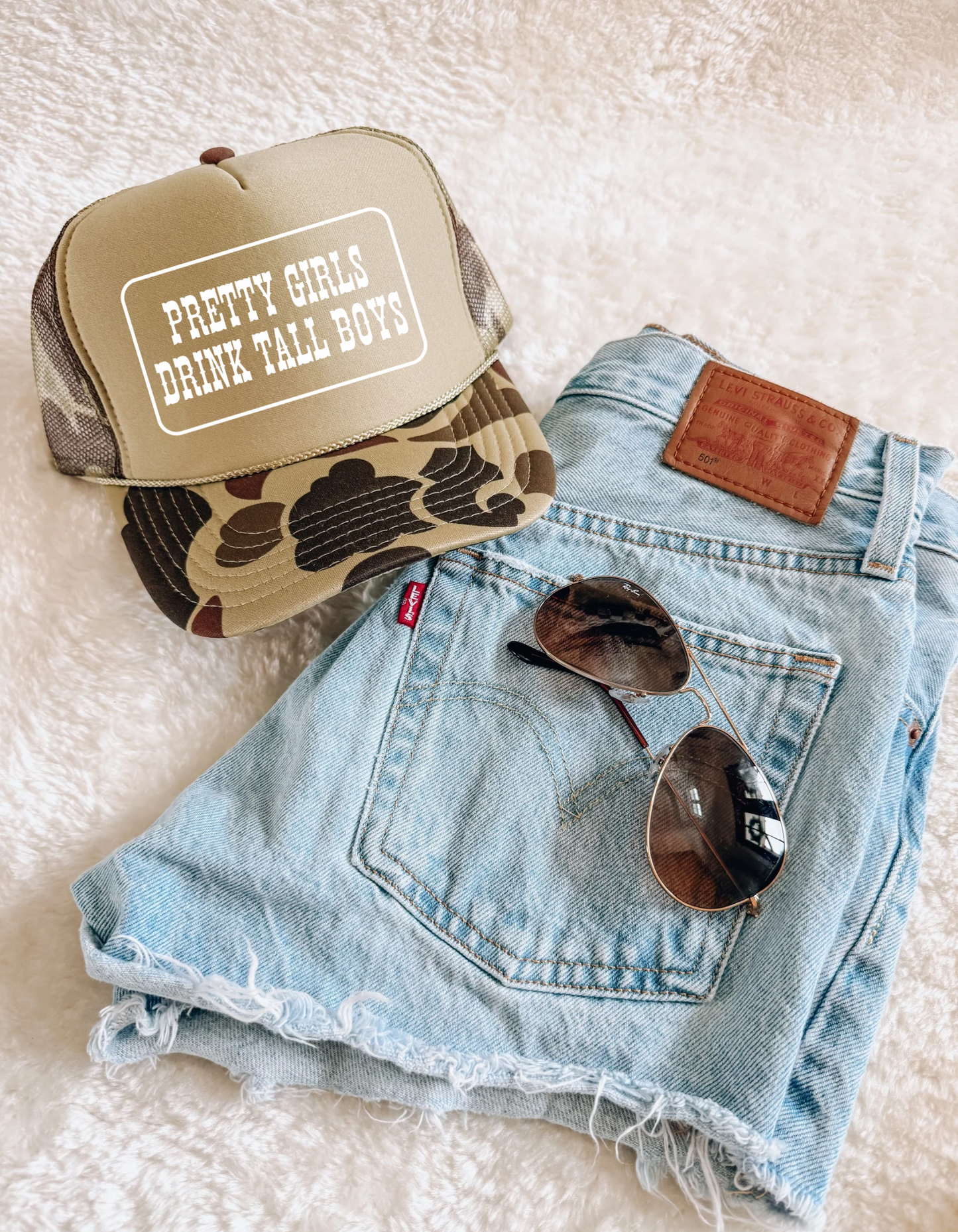 Pretty Girls Drink Tall Boys camo trucker hat