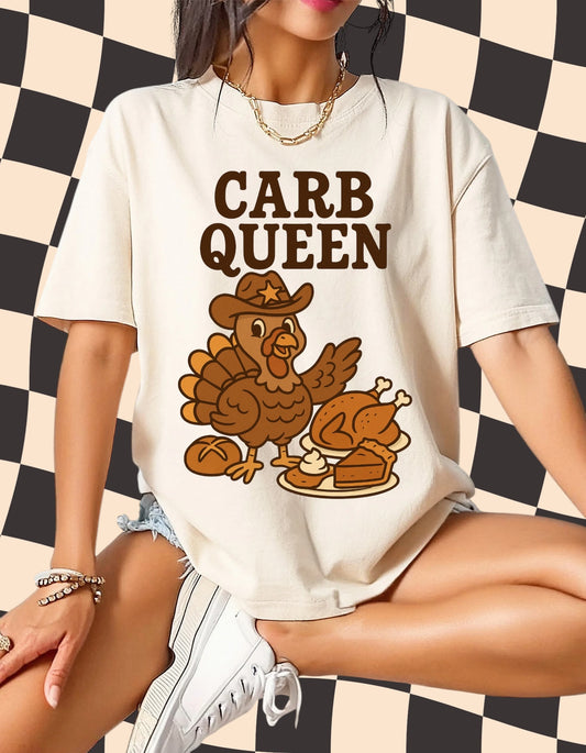 Carb Queen Western Thanksgiving T-Shirt | Funny Turkey Graphic Tee | Retro Fall Cowgirl Shirt