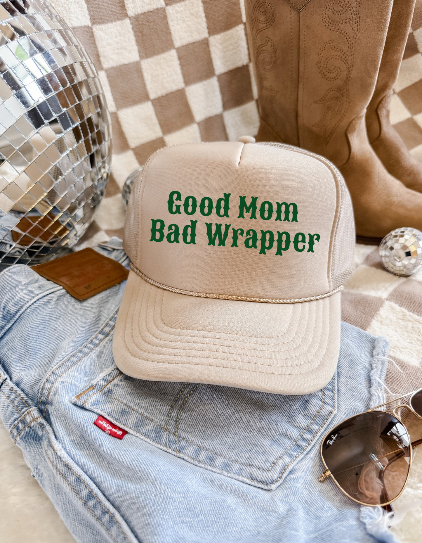 Good Mom Bad Wrapper Trucker Hat – Funny Christmas Mom Hat