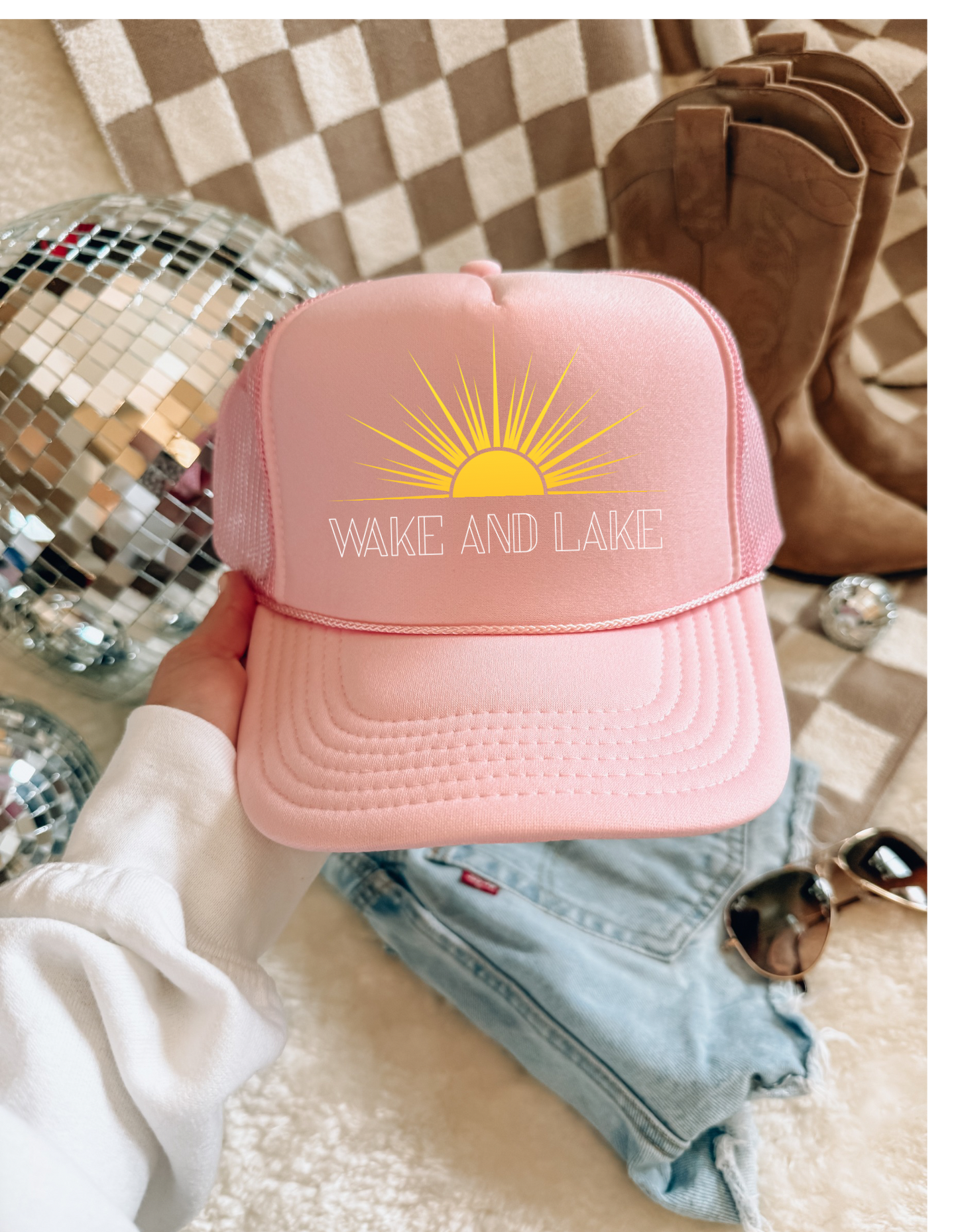 Wake and Lake Trucker Hat – Retro Lake Day Mesh Hat for Summer Adventures