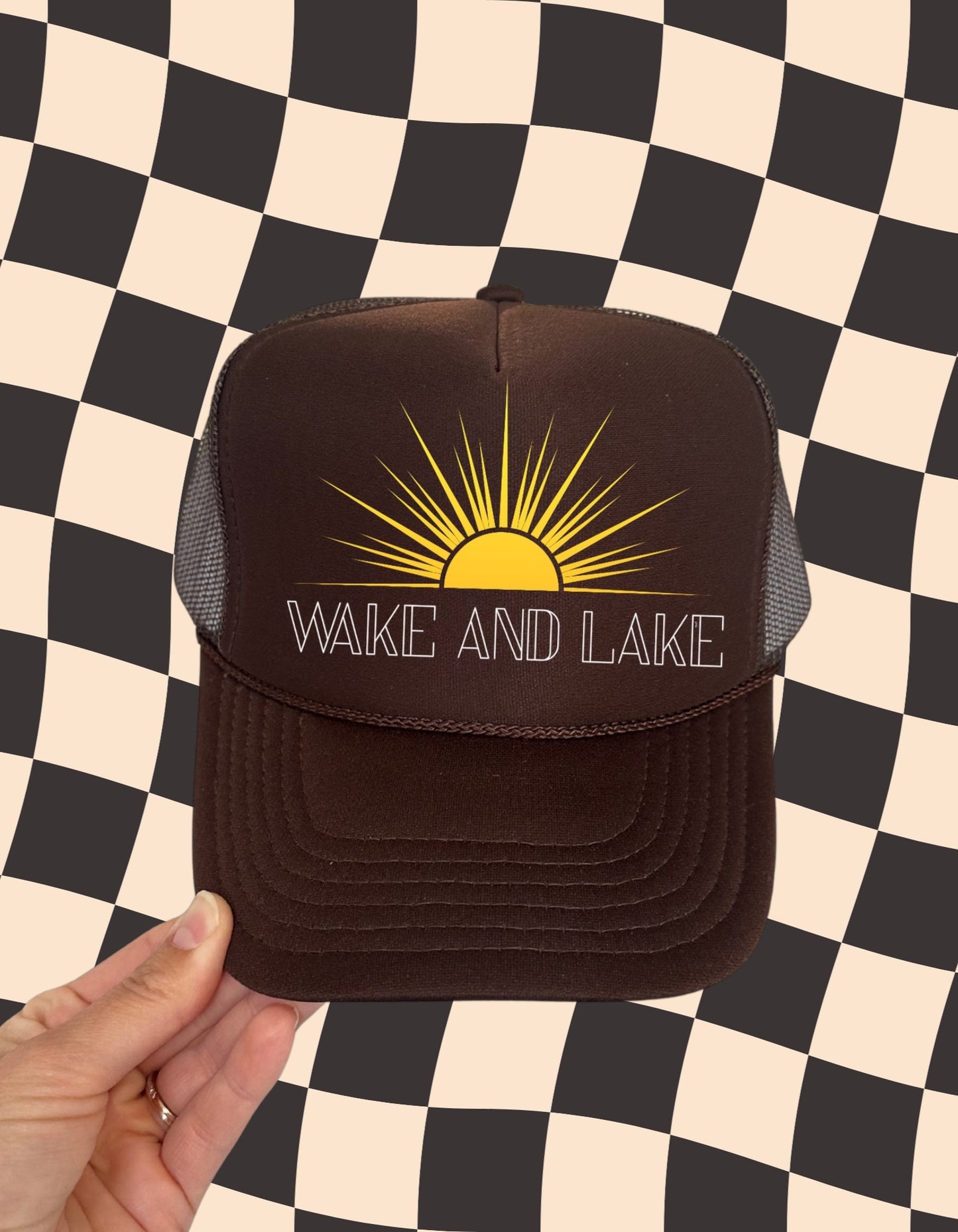 Wake and Lake Trucker Hat – Retro Lake Day Mesh Hat for Summer Adventures