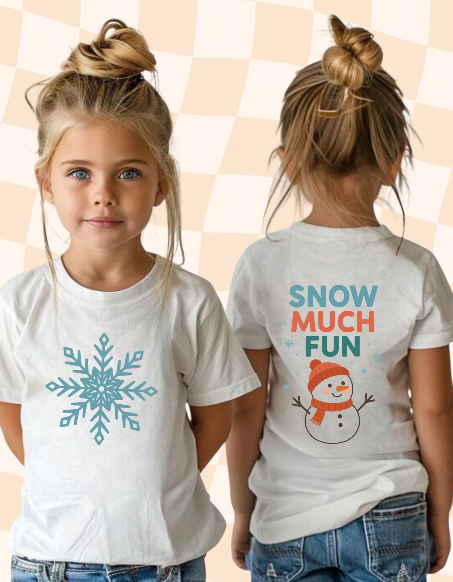 Snow Much Fun Kids Christmas Shirt | Front Snowflake Back Snowman Tee | Winter Graphic Tee