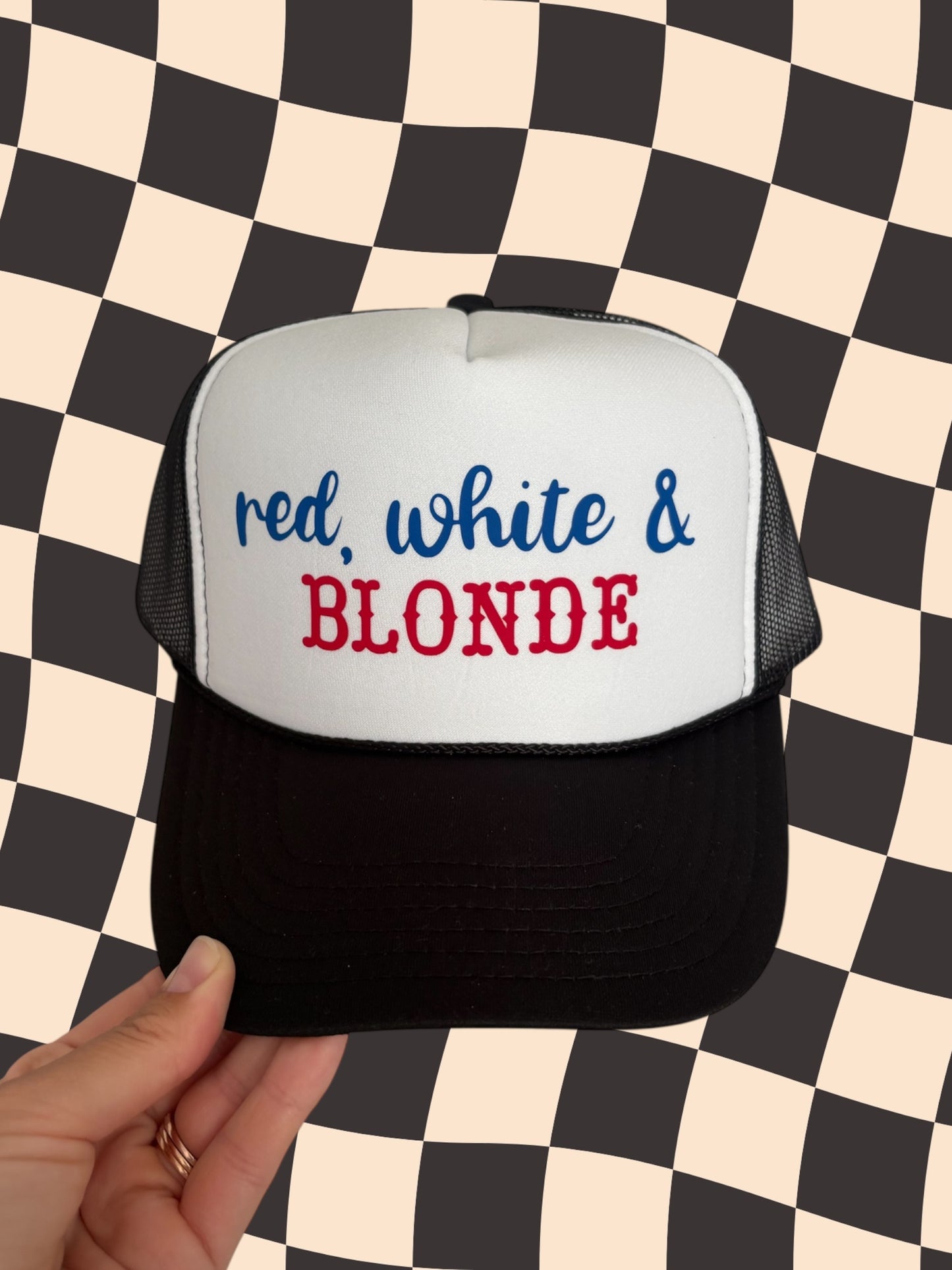 Red, White & Blonde Trucker Hat – Funny 4th of July Hat for Women