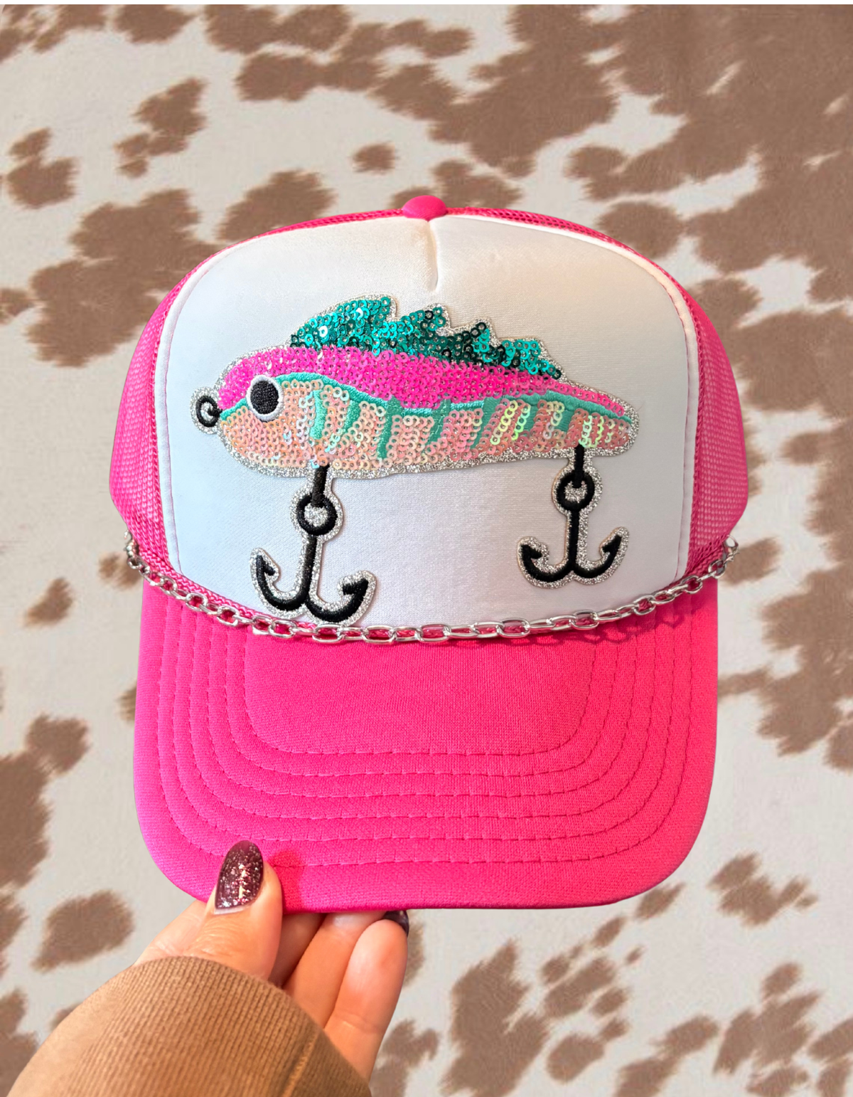 Pink Fishing Trucker Hat | Sequin Fish & Fishing Hook