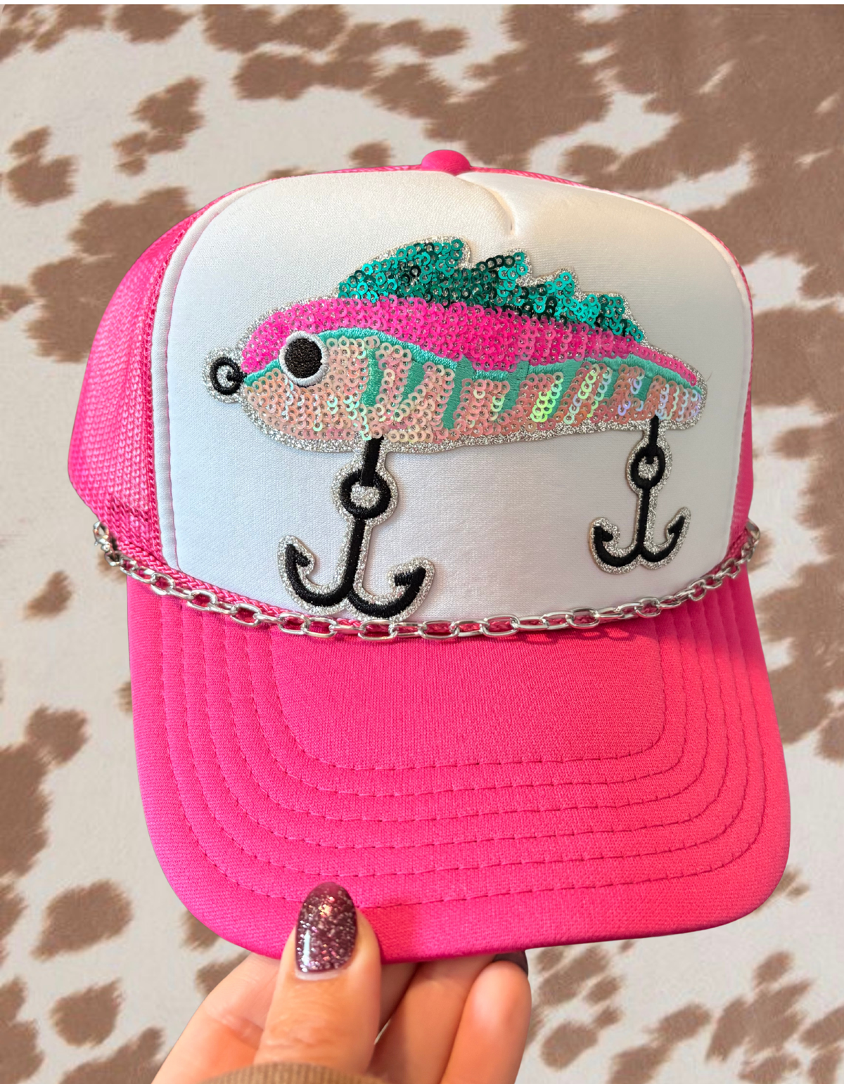 Pink Fishing Trucker Hat | Sequin Fish & Fishing Hook