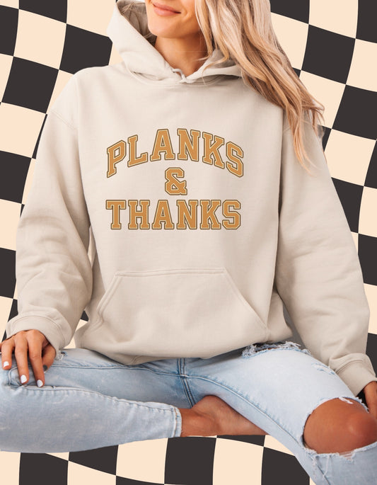 Planks & Thanks Hoodie | Thanksgiving Pilates Sweatshirt | Cozy Neutral Fitness Hoodie for Women