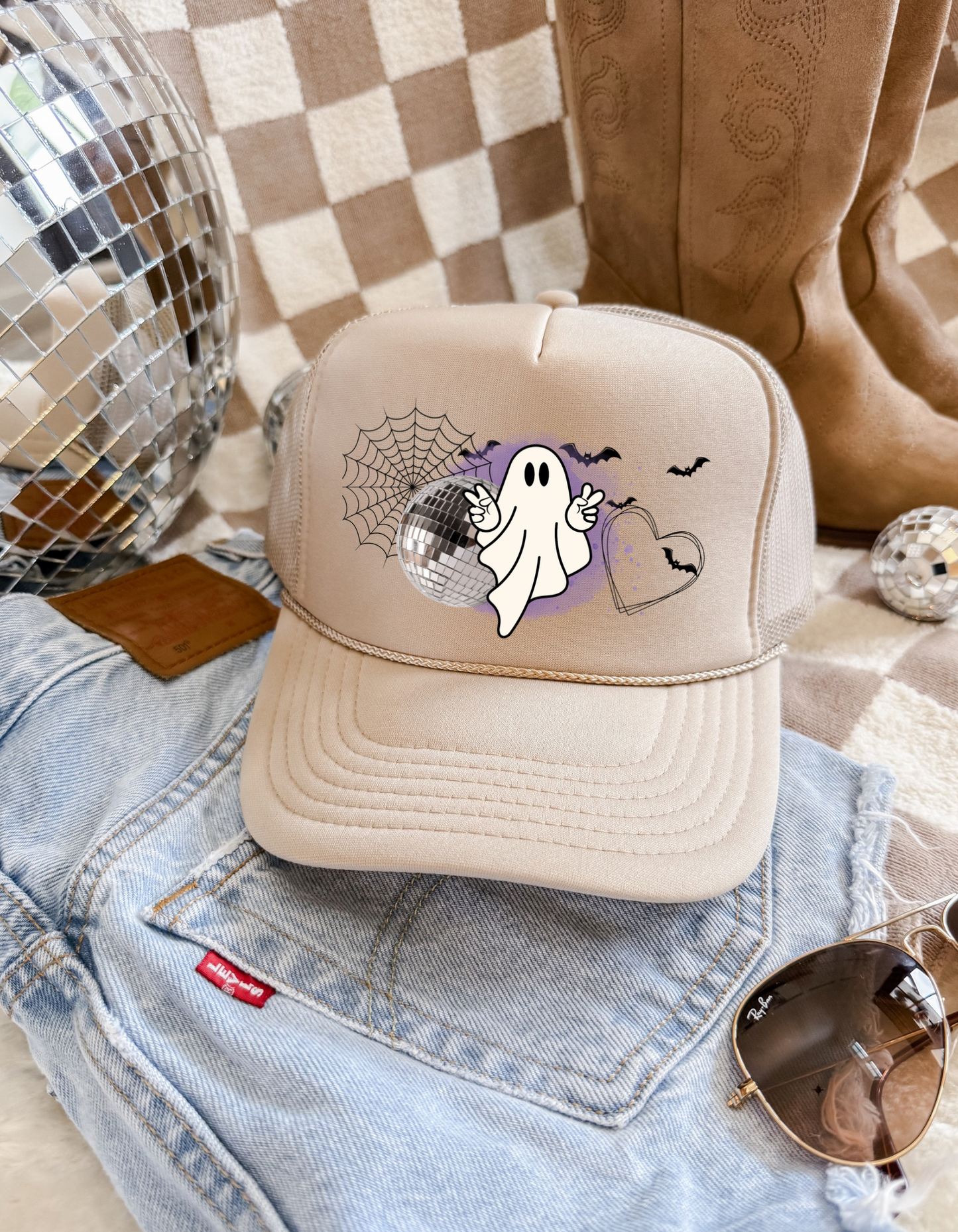 Spooky Disco Ghost Trucker Hat – Halloween Aesthetic Mesh Cap