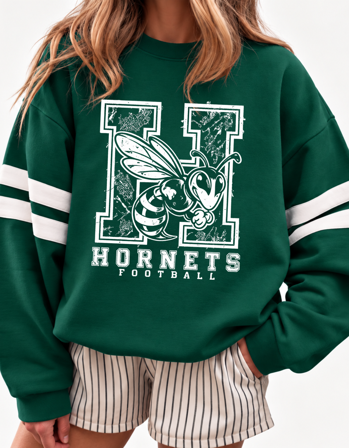 Hornets Football Vintage Varsity Crewneck | Green & White