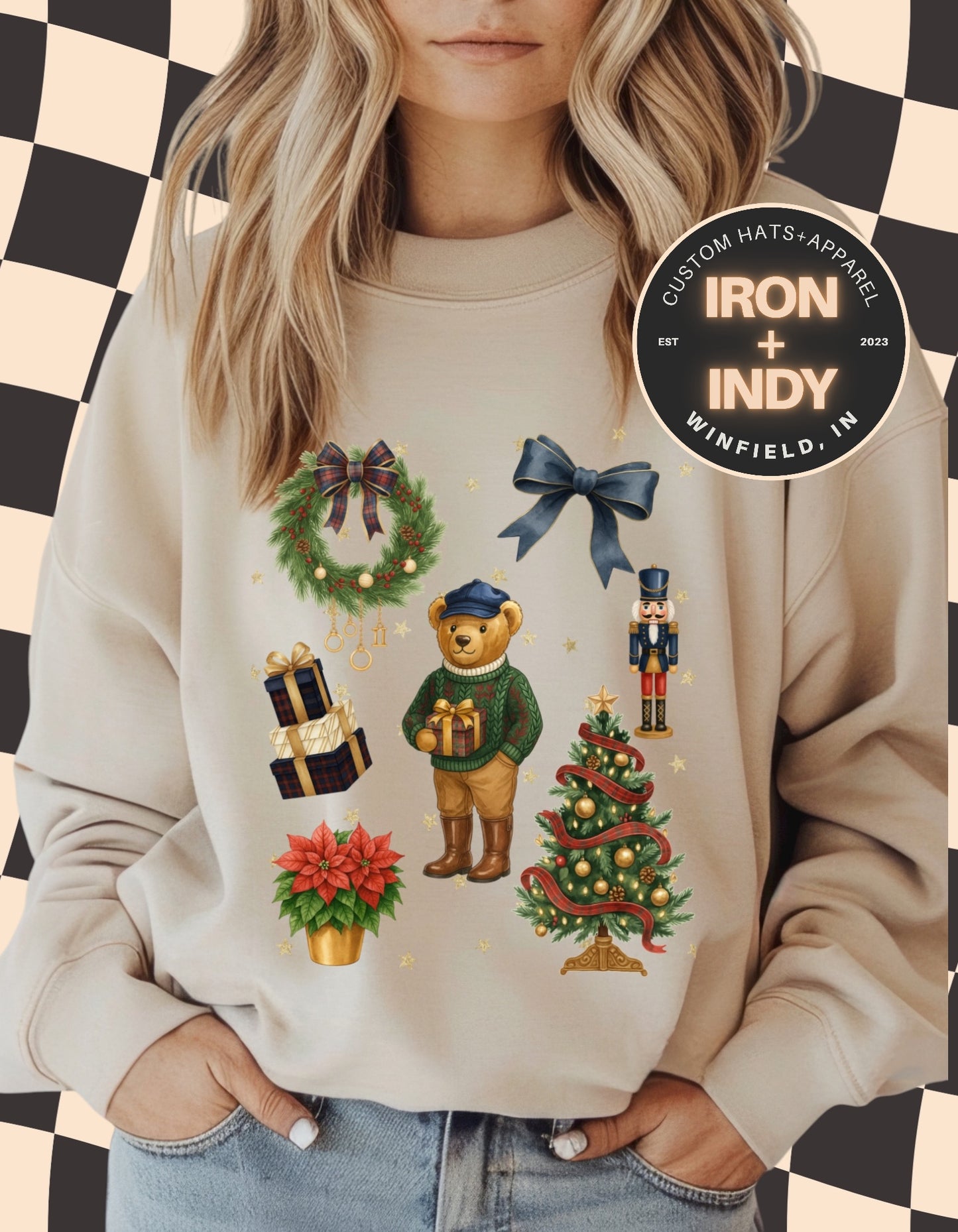 Vintage Christmas Teddy Bear Sweatshirt | Old Money Holiday Crewneck | Preppy Nutcracker & Tree Design