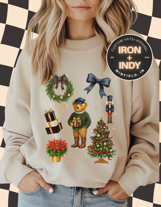 Vintage Christmas Teddy Bear Sweatshirt | Old Money Holiday Crewneck | Preppy Nutcracker & Tree Design