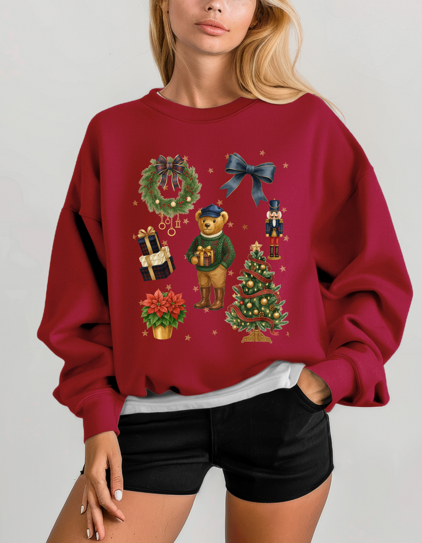 Vintage Christmas Teddy Bear Sweatshirt | Old Money Holiday Crewneck | Preppy Nutcracker & Tree Design