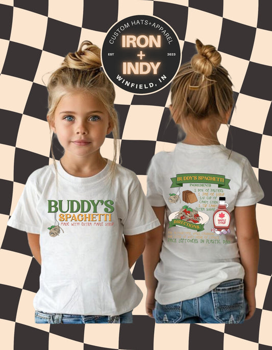 Buddy’s Spaghetti Kids Christmas Shirt | Elf Movie-Inspired Holiday Tee | Funny Front & Back Design