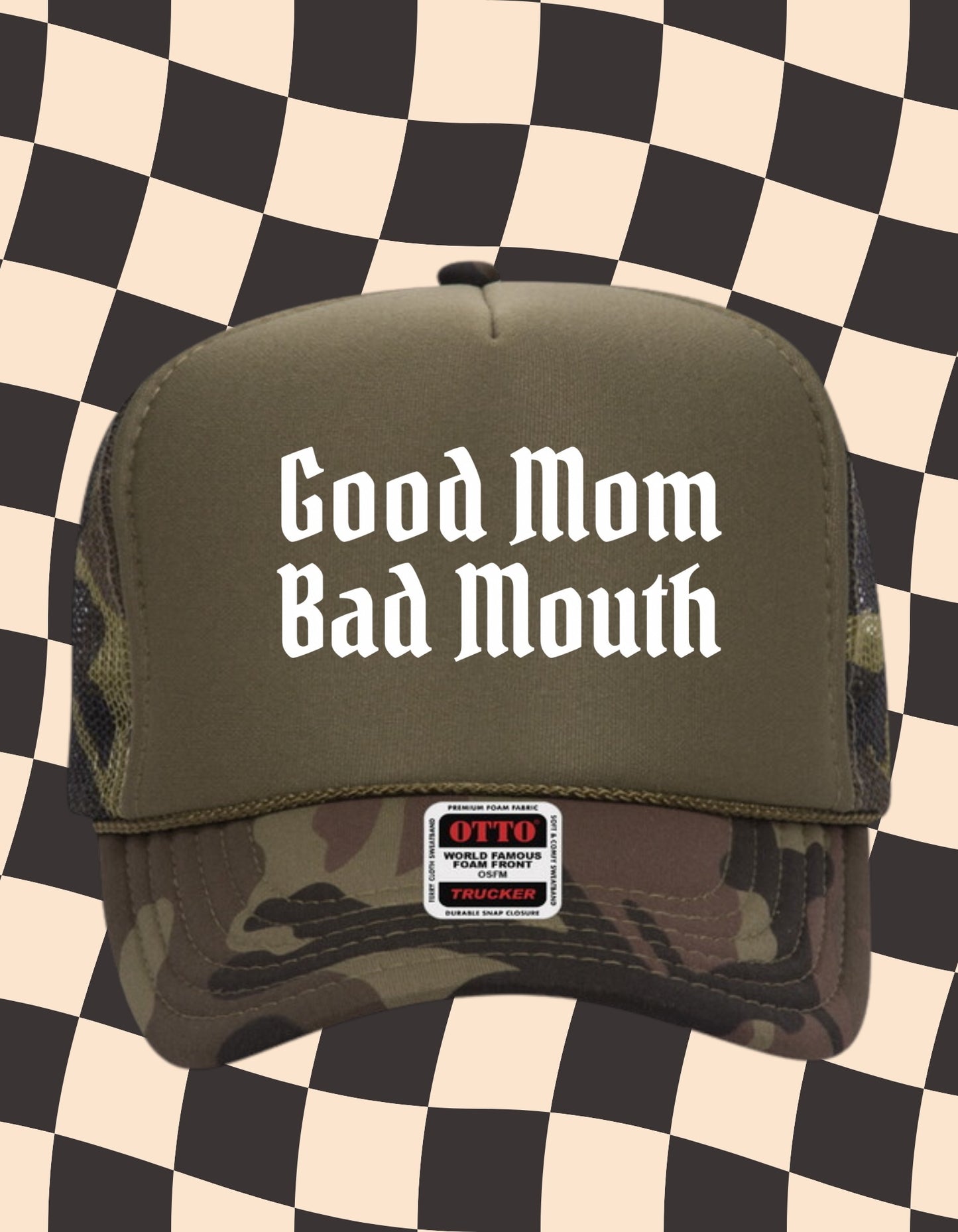 Good Mom Bad Mouth Trucker Hat – Funny Mom Hat, Bold Graphic Cap