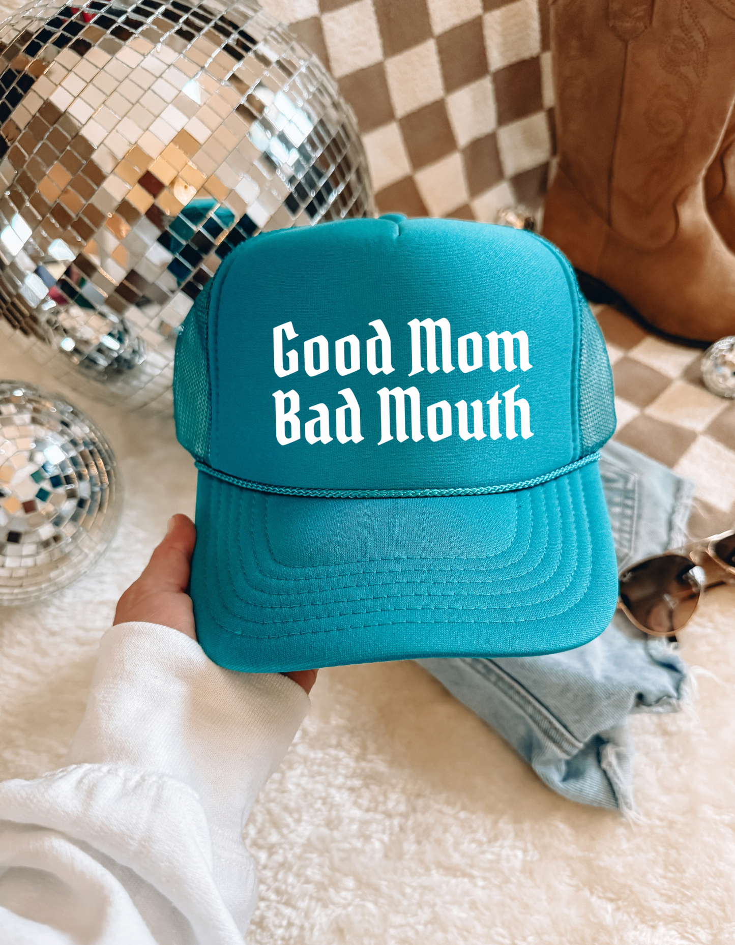 Good Mom Bad Mouth Trucker Hat – Funny Mom Hat, Bold Graphic Cap