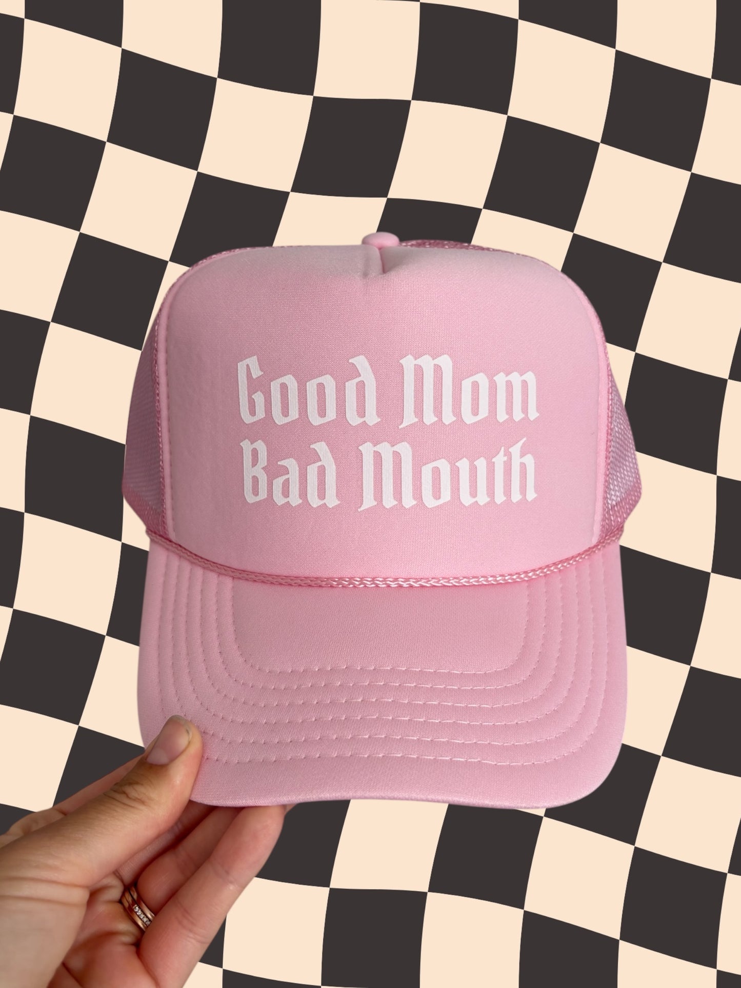 Good Mom Bad Mouth Trucker Hat – Funny Mom Hat, Bold Graphic Cap