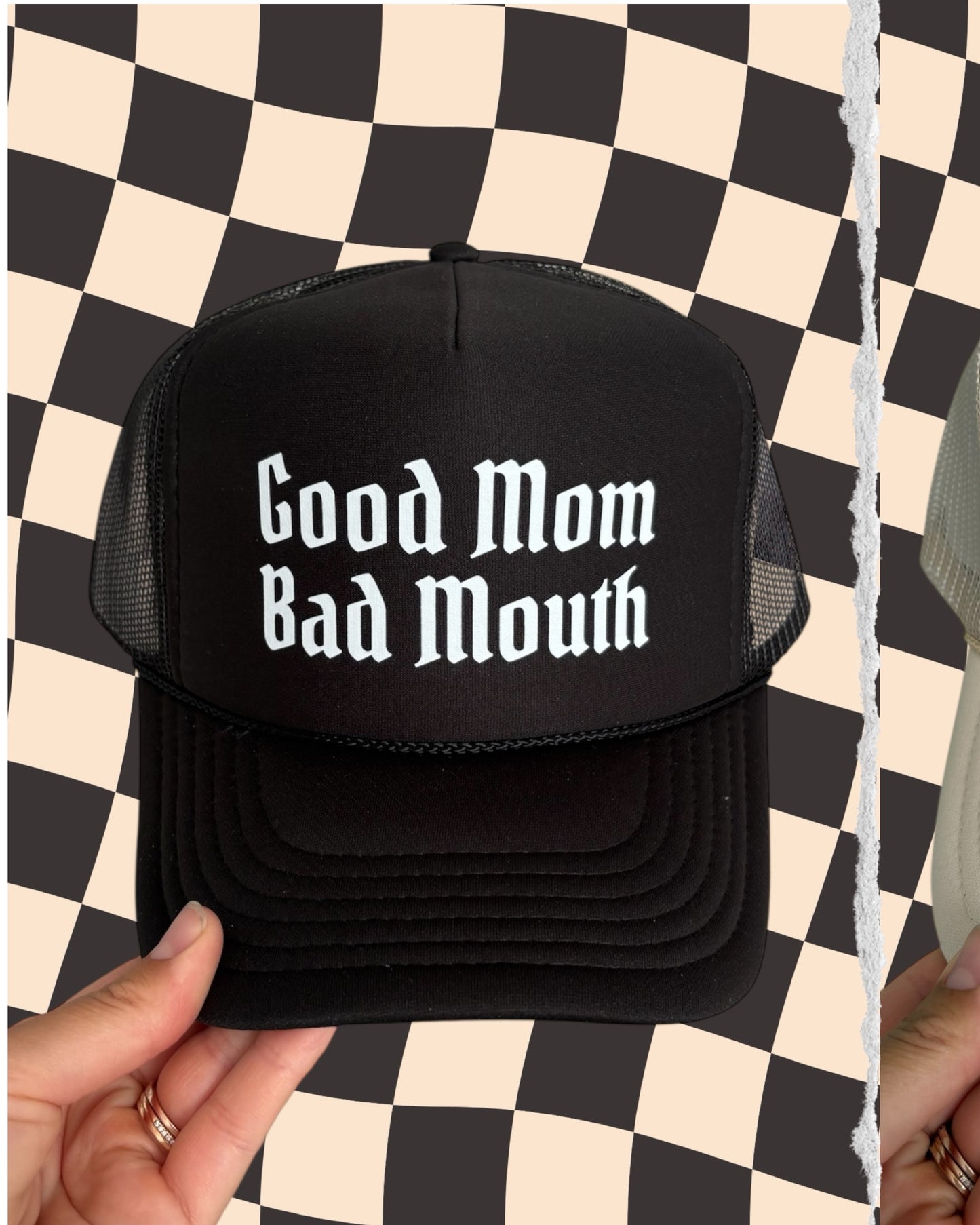 Good Mom Bad Mouth Trucker Hat – Funny Mom Hat, Bold Graphic Cap