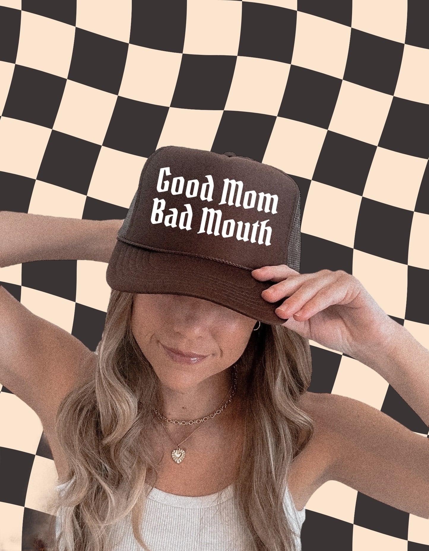 Good Mom Bad Mouth Trucker Hat – Funny Mom Hat, Bold Graphic Cap